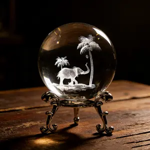 Tropical Elephant Crystal Ball Paperweight with Stand 60mm 3D Laser Engraved Glass Spheres Decorative Balls(Clear)
