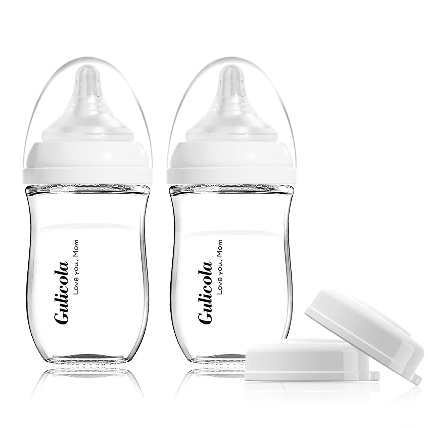 Gulicola Natural Glass Baby Bottle for Breastfeeding Babies, Newborn Anti-Colic Bottle Set , 0 Months+, 3oz&5oz&8oz, 2 Pack - White&Pink