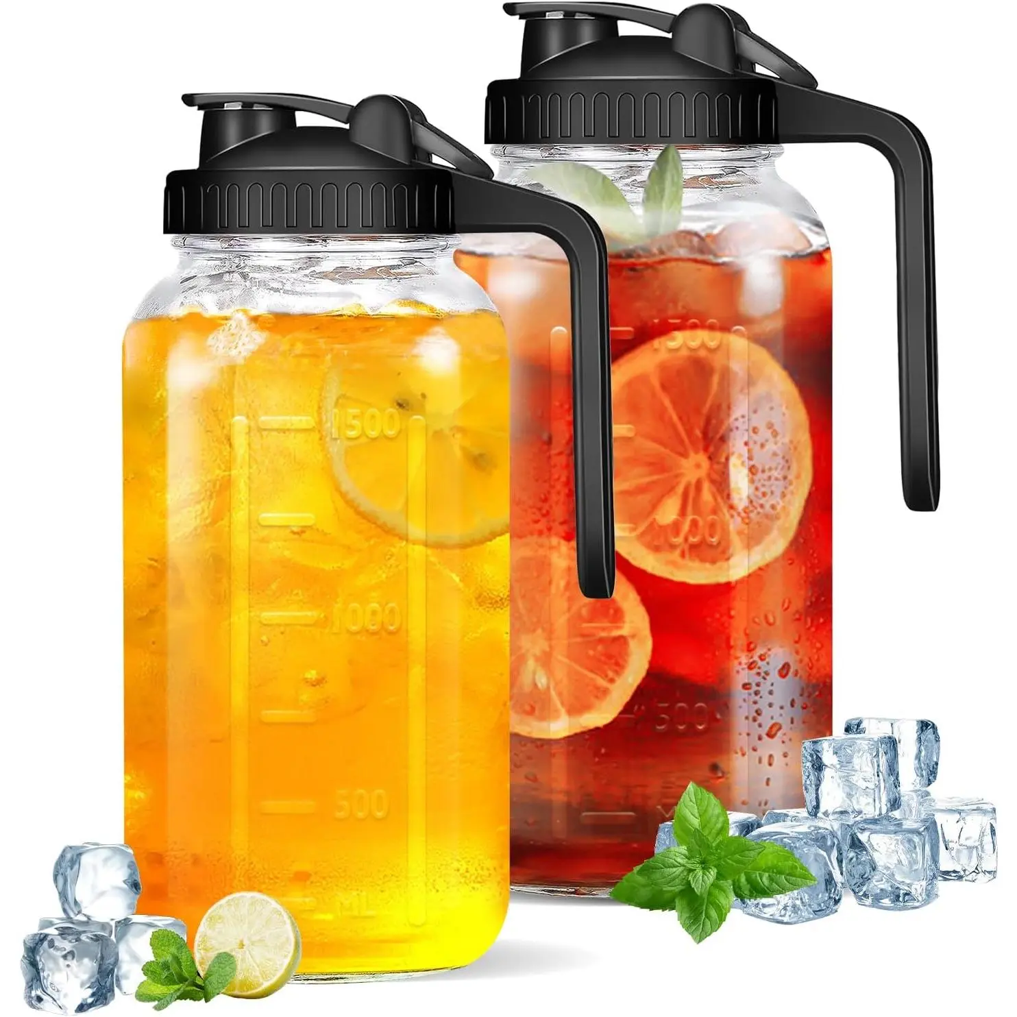 Glass Pitcher with Lid - 2Pack 2 Quart Wide Mouth Mason Jar Pitcher, 64OZ Double Leak-proof Water Pitcher, Breastmilk Pitcher with Pour Spout Lids for Water, Juice, Milk, , Iced Coffee