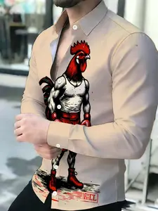 Men's Summer Long-Sleeved Shirt Fashionable Casual Boxing Rooster Print Button Shirt