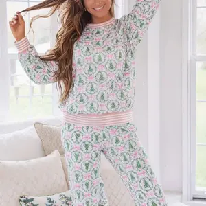 Women Christmas Loungewear Set Tree Bow Print Two Piece Pajamas Long Sleeve Top and Joggers Soft Cozy Outfit, All-Season Nightwear Womenswear Homewear,Christmas Gift