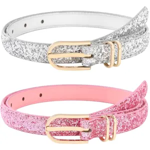 L-GCS038  Kids Leather Belts for Girls - 2 Pack Toddler Girls Skinny Leather Belts for Jeans with Gold Buckle