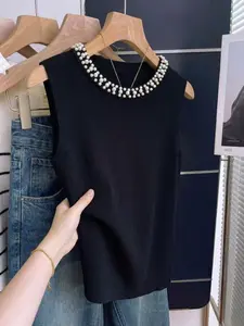Women's Pearl Beaded Knit Vest, Elegant Sleeveless Round Neck Sweater, Casual Slim Fit Ribbed Knit Top for Party and Office Wear, Womenswear