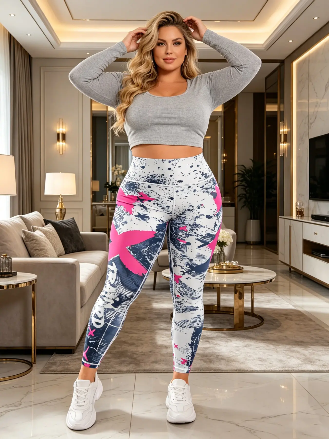【Plus Size】High Waist Multicolor Printed Leggings, High Rise Leggings, High Elasticity Tight Fit Pants, Casual Sporty Women's Outdoor Fitness Running Wear, High Waisted Sportswear, High Waisted Leggings