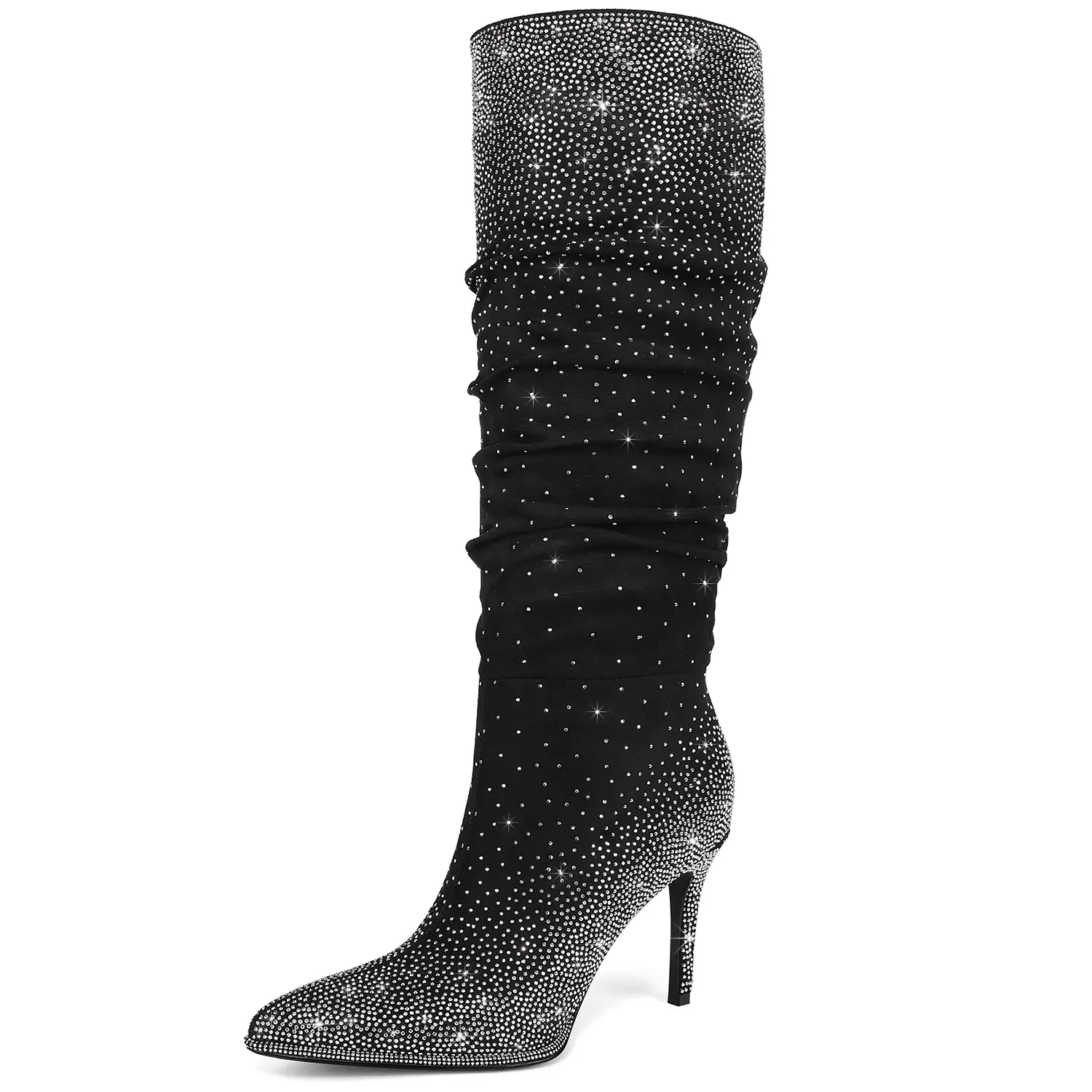 LOCERICH Womens Rhinestone Knee High Boots Sparkly Slouchy Tall Boots Pointed Toe High Heel Wide Calf Glitter Stiletto Boot for Women