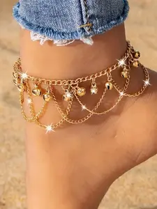 Boho Style Silver Color Bell Anklet Bracelet, Durable Adjustable Multi-Layer Indian Bells Gypsy Vintage Foot Jewelry, Summer Beach Shoes, Accessory Bohemian