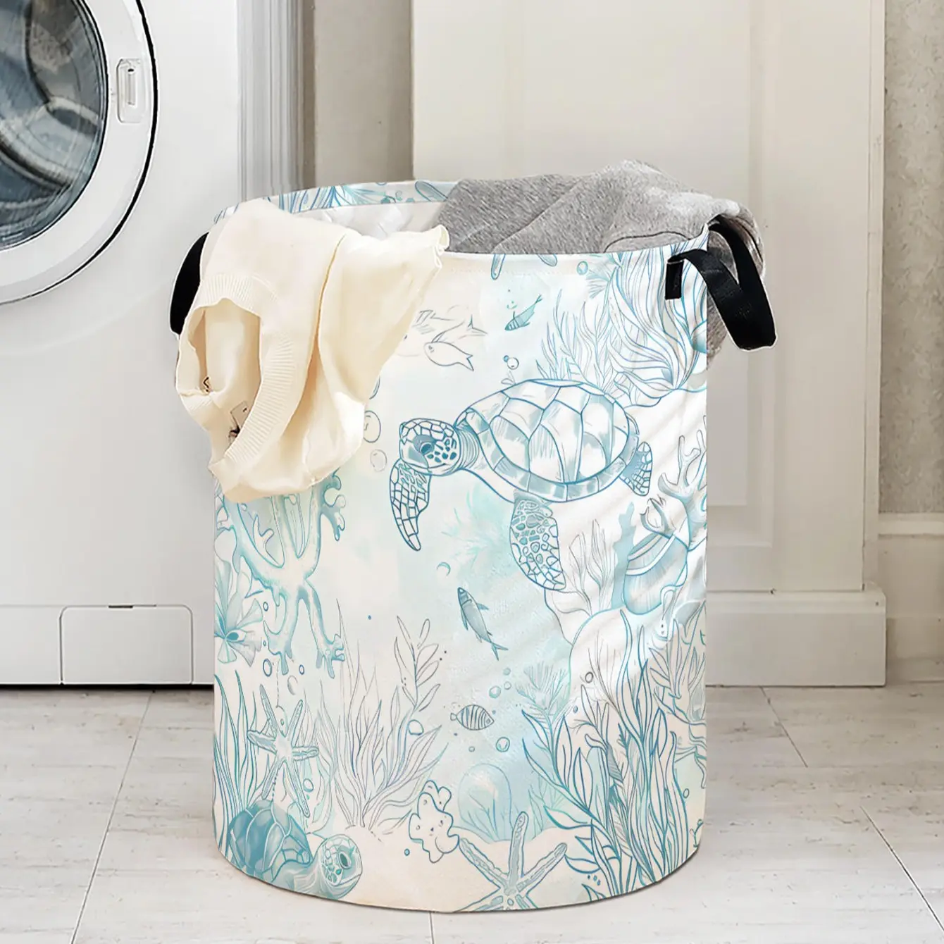 Foldable Laundry Basket with Turtle Print Handle, Durable Material Hamper, Large Capacity Storage Bin for Clothes & Toys, Collapsible Laundry Hamper, Foldable Washing Basket