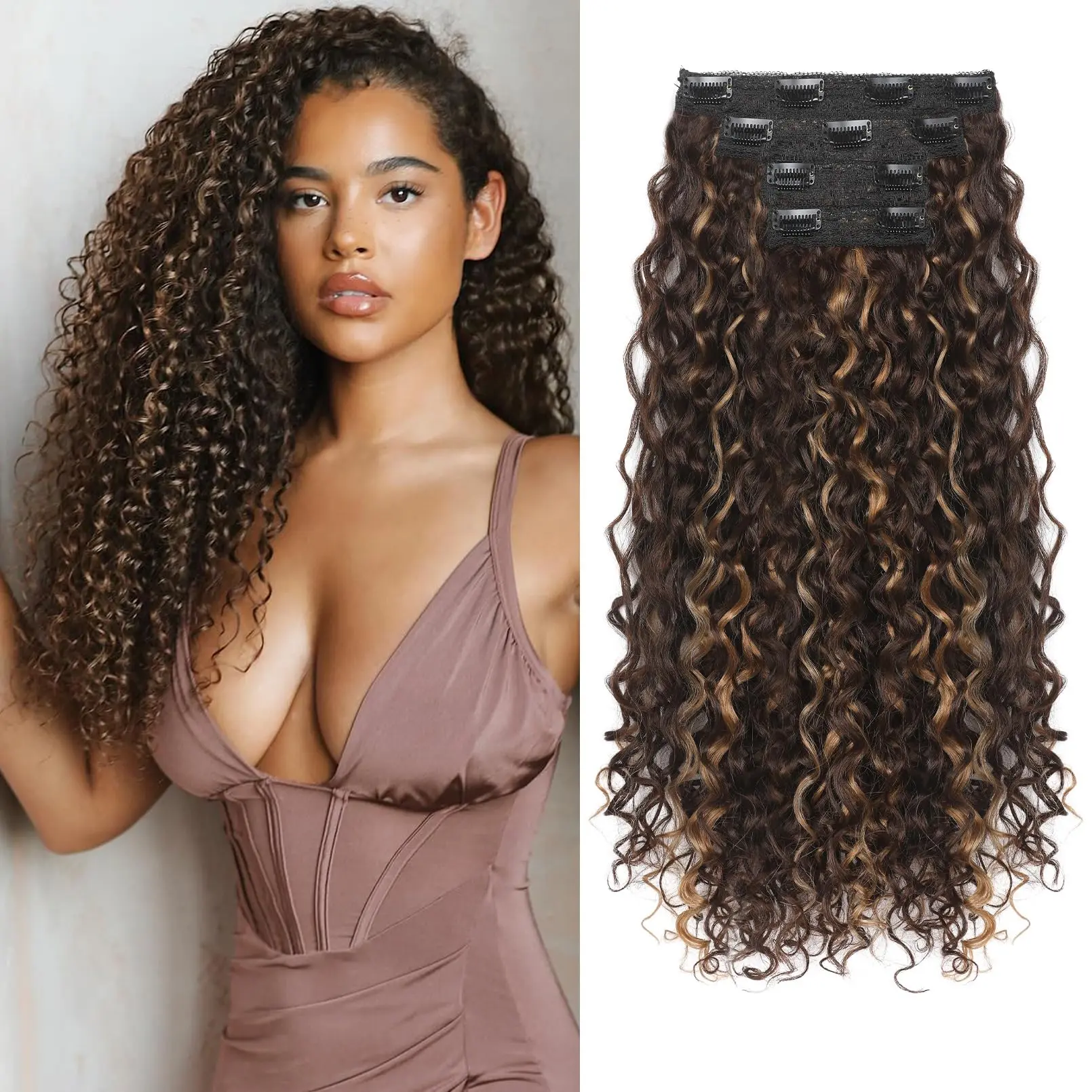 20inch Curly Chocolate Brown with Honey Blonde
