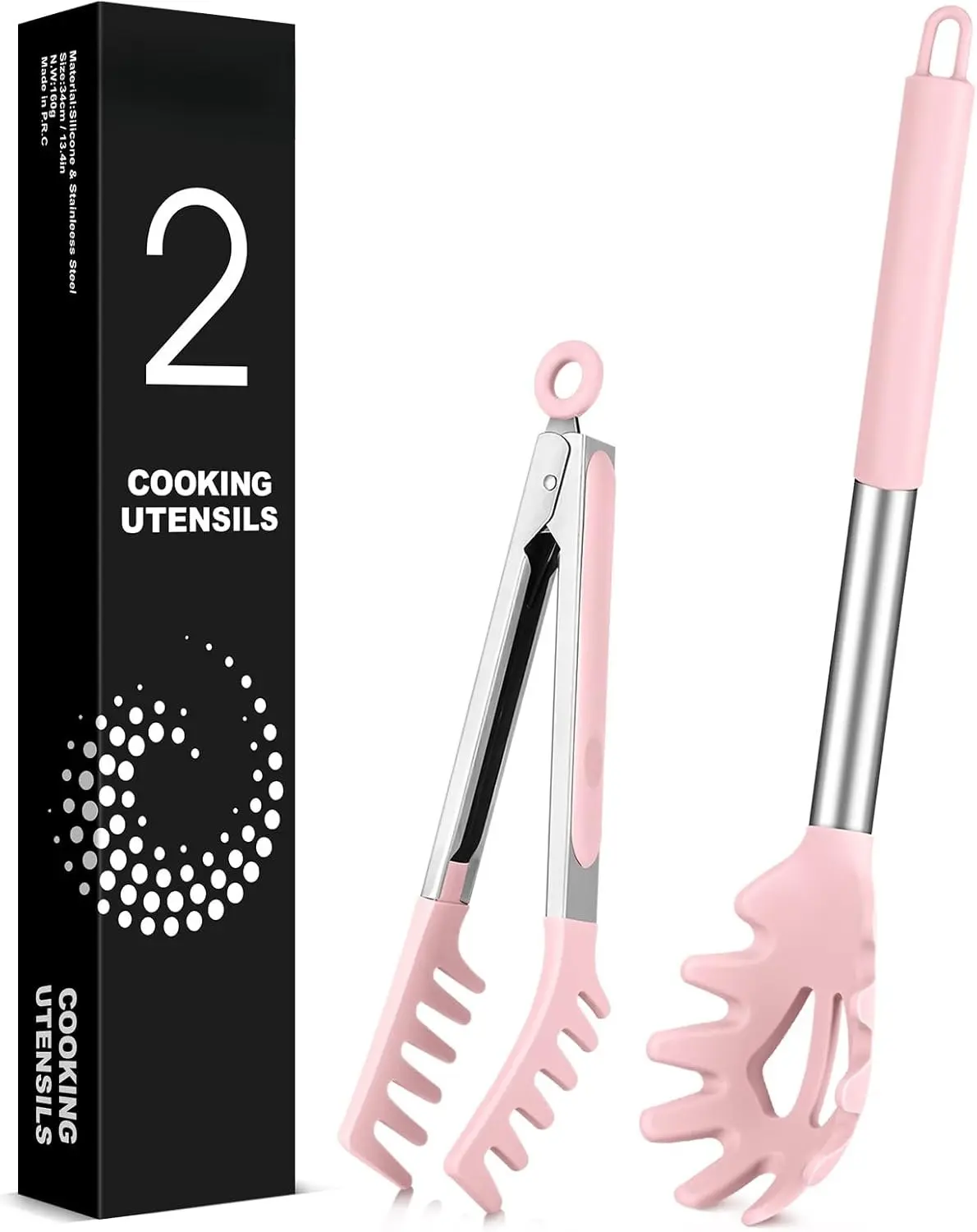Spaghetti Spoon and Pasta Tong, Non-stick  Spoon Server Fork With  and Stainless Steel Handle,  Clip for Noodles, Pink