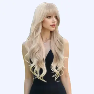 Ines-DWY Machine Made Free Part Long Wavy Blonde Realistic Scalp Glueless Synthetic Wig for Women 26 Inches