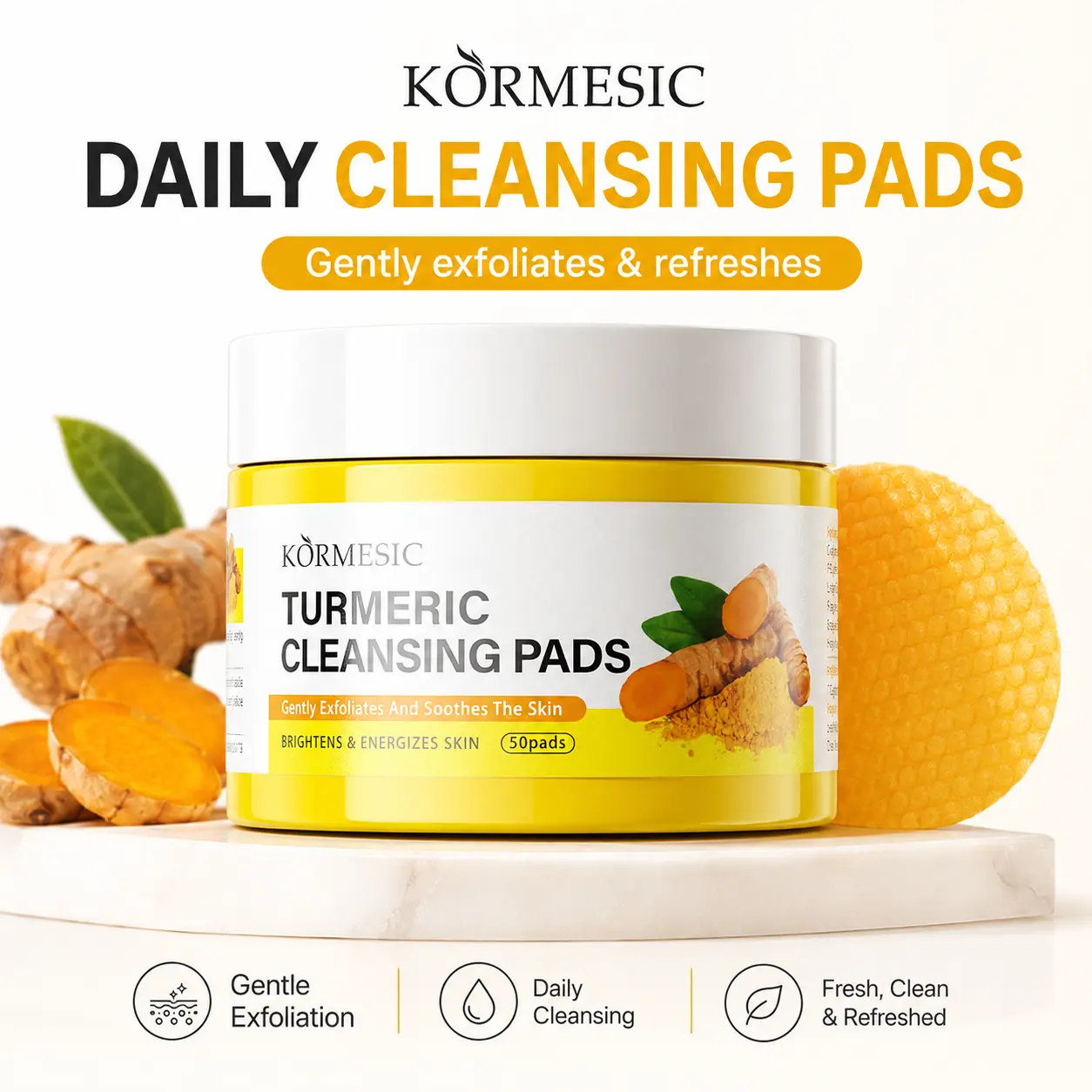 Turmeric KojicAcid Cleansing Pad | Exfoliating Cotton Pad - Contains Vitamin C and Hyaluronic Acid, gentle and skin friendly, reduces dark spots, and makes the skin radiant. It is a must-have for daily facial care