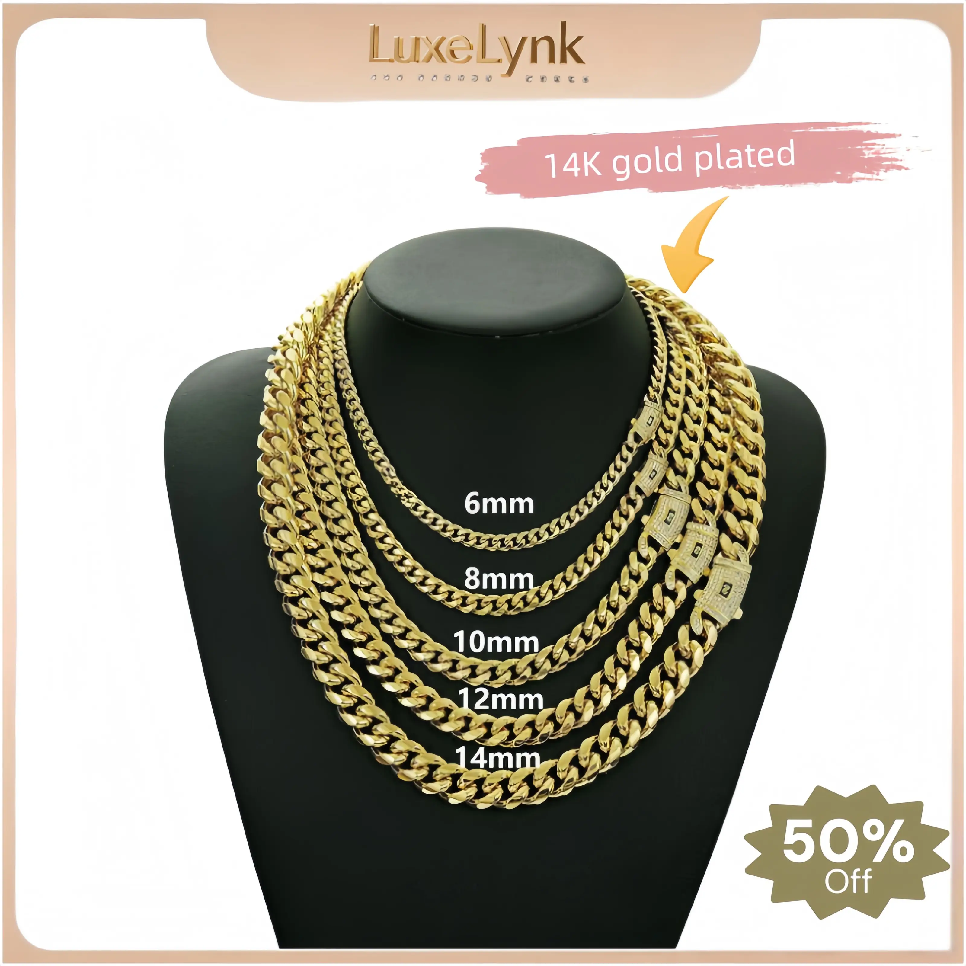 14k Gold Plated Miami Cuban Link Chain Necklace Stainless Steel Iced Out Clasp Hip Hop Jewelry for Men/ Women 6/8/10/12/14mm Thickened