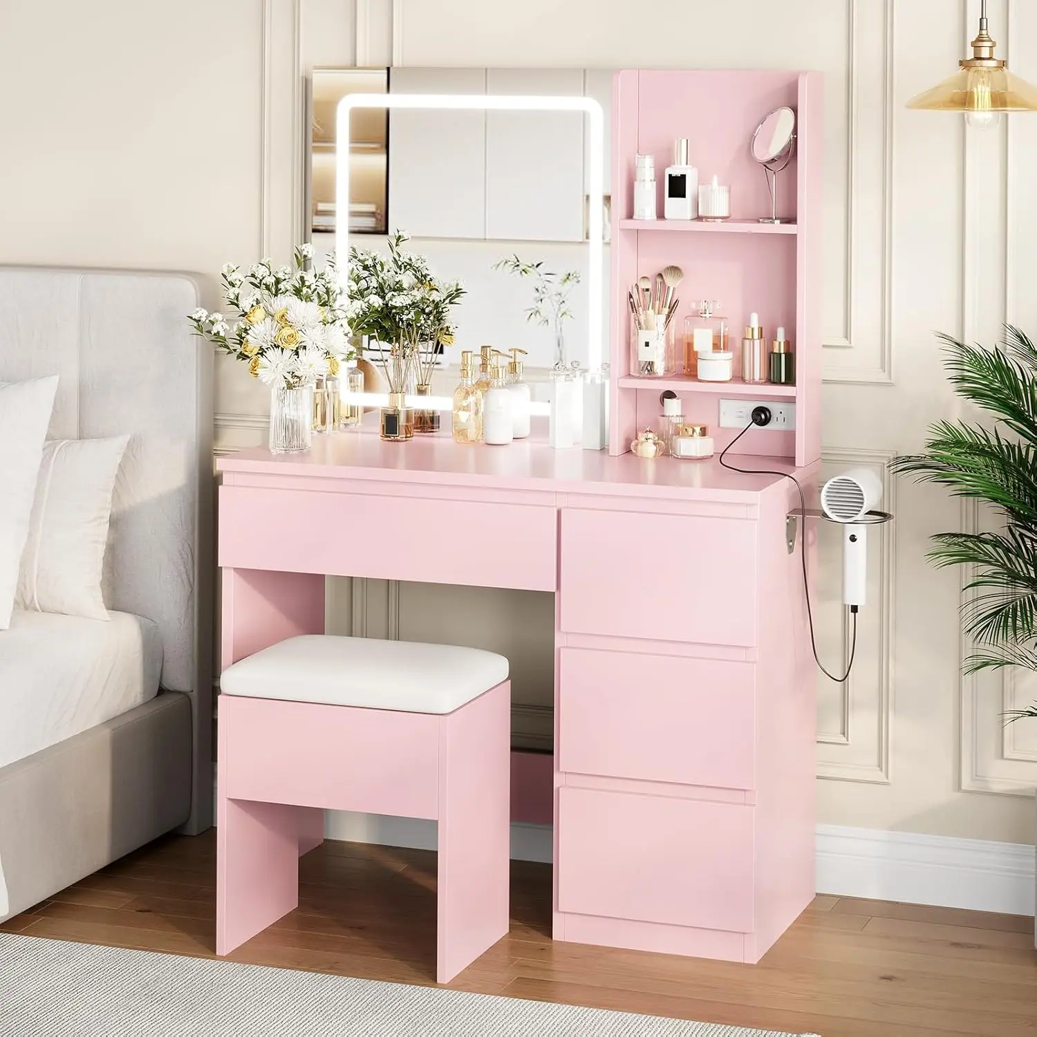 Gaomon Modern Pink Makeup Vanity Desk with Vanity Cabinet, 3-Color LED Lights Mirror, 4 Drawers for Storage Organization, 2 AC Outlets, USB & Type-C Port, Cushioned Stool - Indoor Furniture, Vanity Makeup Desk