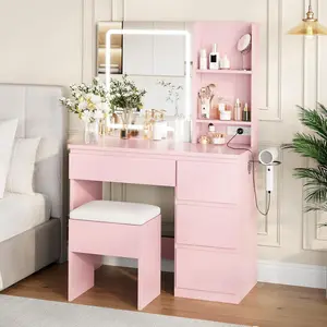 Gaomon Modern Pink Makeup Vanity Desk with Vanity Cabinet, 3-Color LED Lights Mirror, 4 Drawers for Storage Organization, 2 AC Outlets, USB & Type-C Port, Cushioned Stool - Indoor Furniture