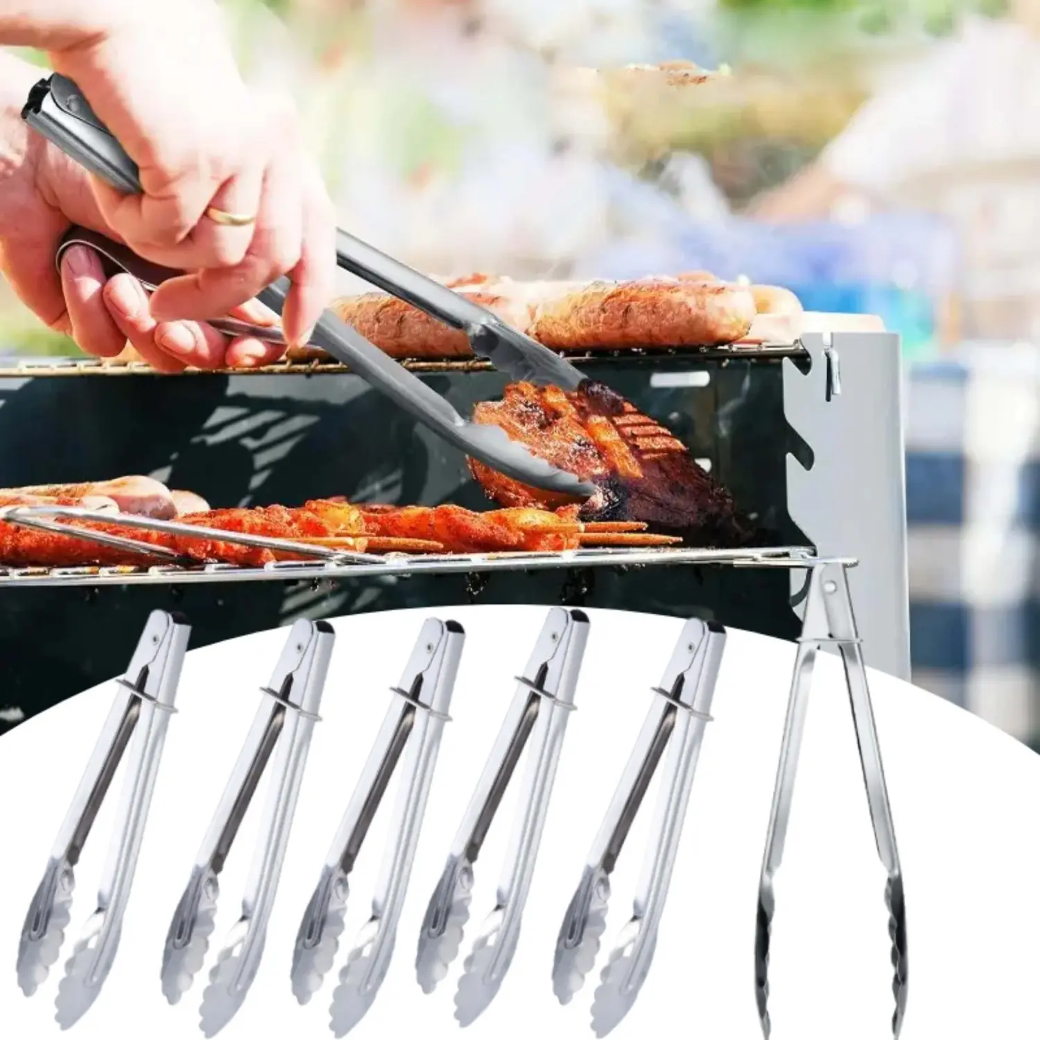 6PCS 7-Inch Durable Heat-Resistant Stainless Steel Silver-Plated Clam Head Serving Tongs with Sliding Lock, Barbecue Accessories & Kitchen Utensils for Weddings, BBQ Parties (Serves Burgers at BBQs)