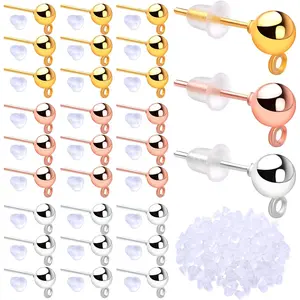 300pcs 3 Colors Ball Post Earring Studs Hypoallergenic Alloy Ear Pins Earring Posts with Loop and 300pcs Silicone Clear Bullet Earring Backs for DIY Crafts Jewelry Making