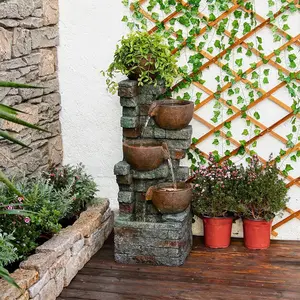 Outdoor Water Garden Fountain 5-Tiers Cascading Bowl and Stacked Stones Waterfall Water Feature Indoor Bowl Planter Water Fountain Decor with LED Lights for Garden Patio Porch Backyard