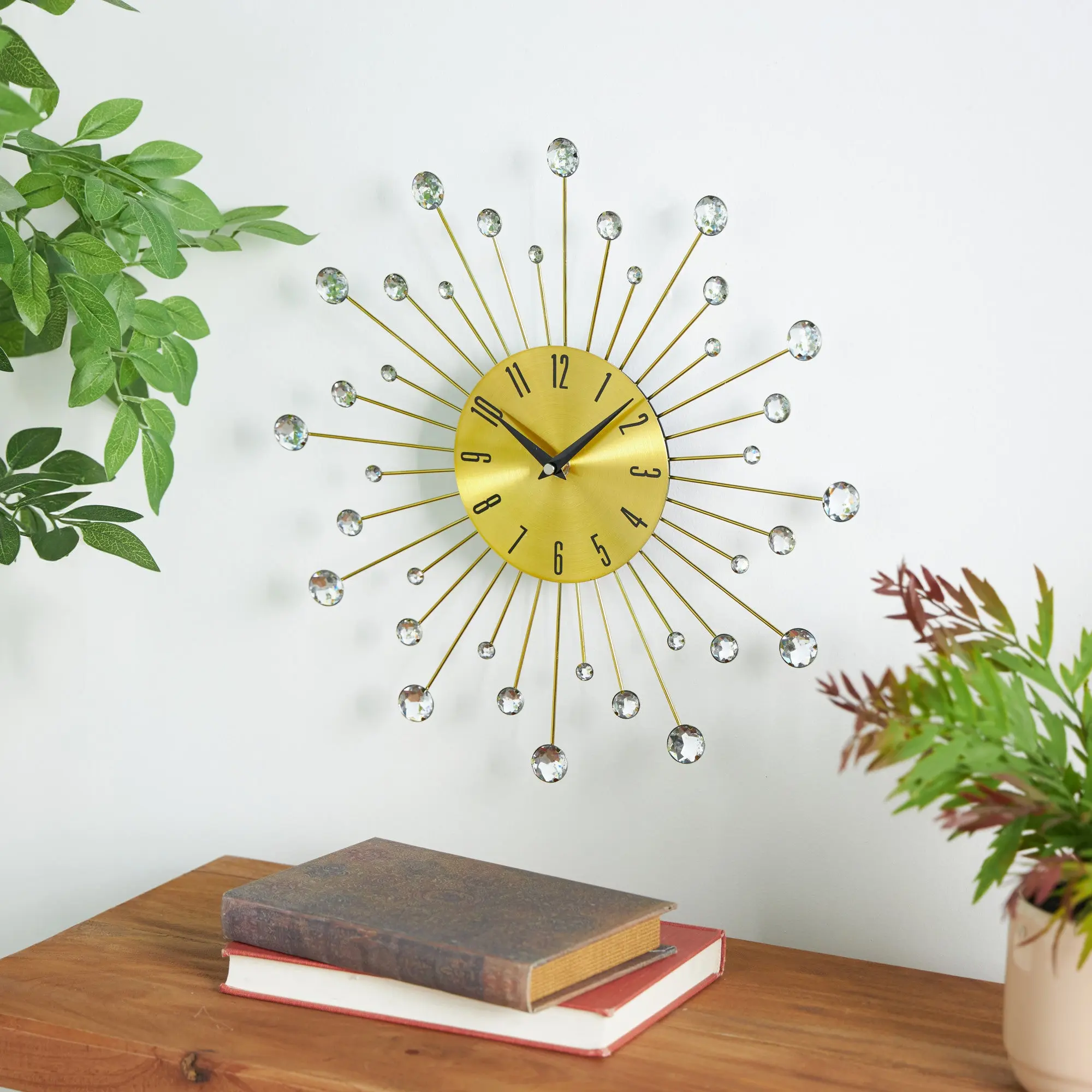 Glam Round Iron Starburst Decorative Wall Clock with Crystal Accents, 14" x 1" x 14" – Ideal for Kitchen, Perfect Gift for Home Decor Enthusiasts, Room
