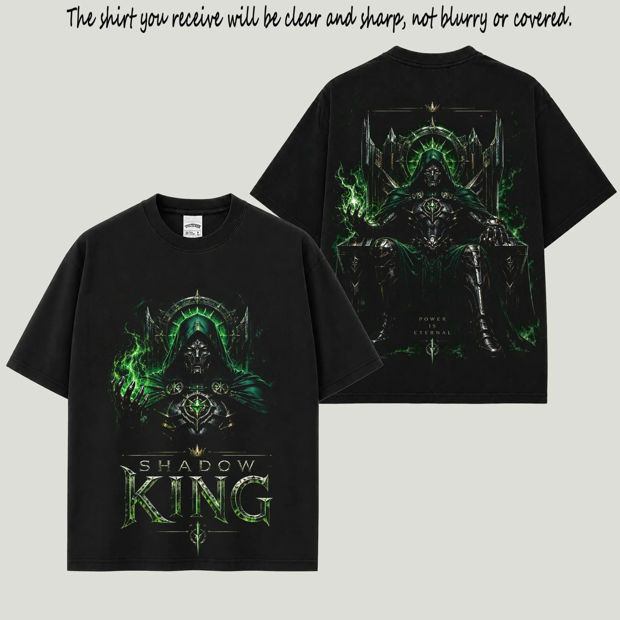 Shadow King Premium Cotton T-Shirt, Green Lightning Dark Villain Graphic Tee, Hooded Armor Fantasy Shirt, Gothic Sci-Fi Movie Streetwear Apparel, Power Eternal Fan Gift For Shadow Warrior Fans