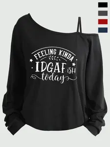 Plus Size Women's Loose-Fit Long Sleeve Cami Top, Asymmetrical Neckline, Letter Print, All Seasons, Sizes 1-8xl