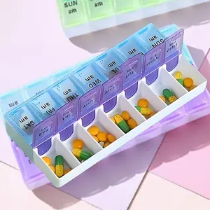 Double Row Portable Pill Box, Travel Medicine Organizer for Car Trips, Small Pill Case with Lid & Compartments, Daily Vitamin Container for Go – For Women Men Frequent Travelers