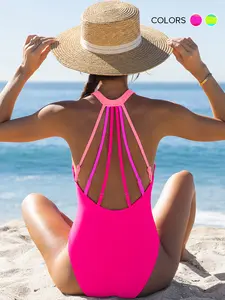 Popvil Back Strappy Plunge Color Block One Piece Swimsuit Tummy Control High Waisted Neon Swimsuit for Women, Neon One Piece