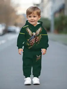 Digital printed hooded sweatshirt set for baby boys featuring dark green base, golden feathers and white-headed eagle pattern. This casual and comfortable outfit is perfect for daily outings, serving as a trendy and versatile gift choice for little boys.