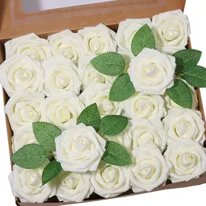 50pcs Artificial Flower,Real Foam Roses w/Stem DIY for Wedding Bouquet Centerpieces Shower Home-Ivory