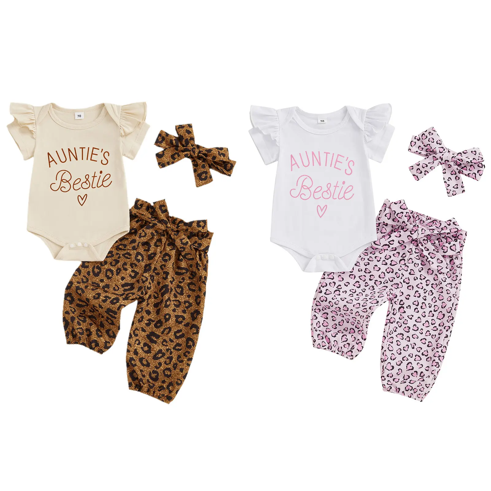 FOCUSNORM Aunties Bestie Baby Girl Clothes Aunt Saying Letter Embroidery Ruffle Romper Leopard Pant Headband 3Pcs Summer Outfit
