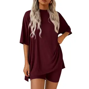 Women'sSummerTwo-PieceSetCasualOversizedShirtsBikerShortsMatchingAirportTravelOutfitSplitHemLounge#