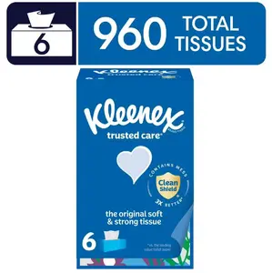 Kleenex Trusted Care Facial Tissues, 6 Flat Boxes, 160 Tissues per Box, 2-Ply