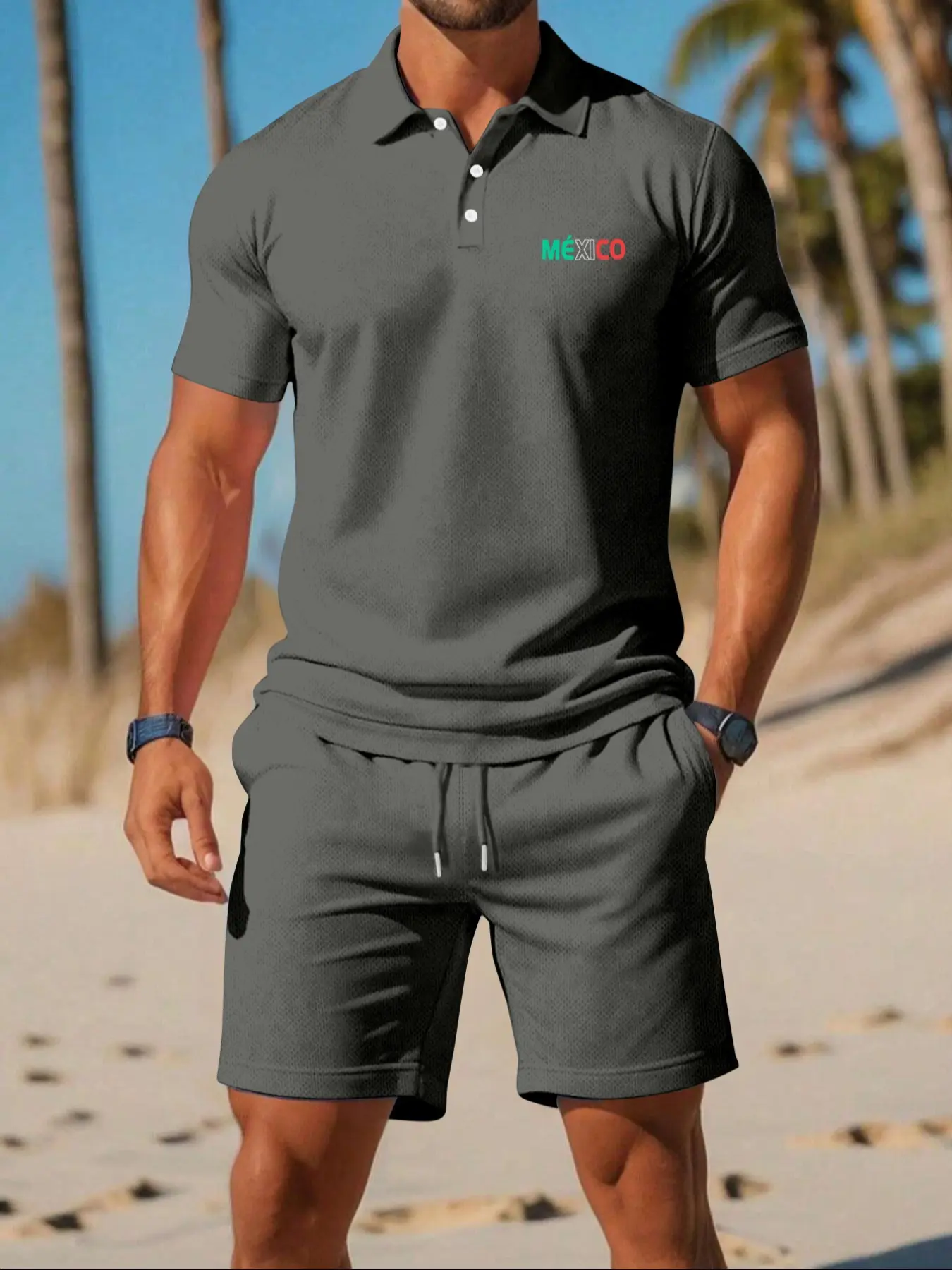 Men's Solid Color Knit Short Sleeve Polo Shirt & Drawstring Shorts Set, Summer Casual with Personalized Letter Print, Breathable Soft Outfit