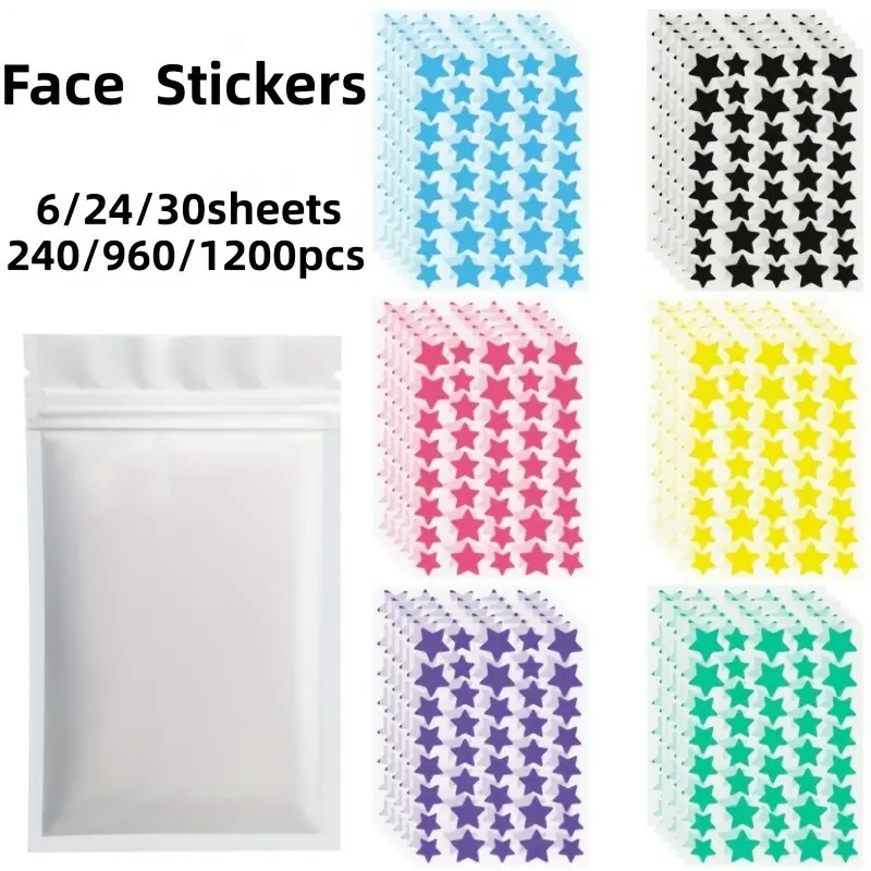 240/1200pcs Six-Color Star Acne Pimple Patches, Blemish Patches, Acne Stickers, Deep-Cleansing & Concealing, Unisex, Suitable for All Skin Types, Breathable Design, Invisible Protection, Easy Acne Coverage, Daily Oil Control