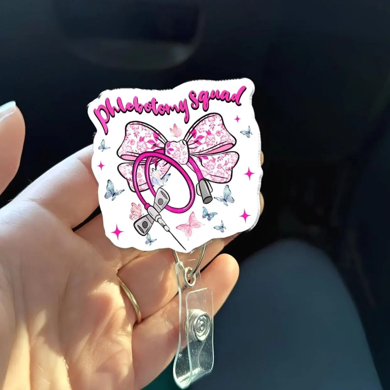 Phlebotomist Badge Reel - Phlebotomy Squad Pink Bow Butterfly Retractable ID Holder Lab Tech Nurse Gift OVU