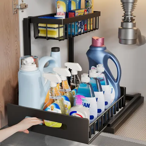 Under Sink Organizer 2 Tier Pull Out CabinetOrganizer Slide Out Sink Shelf & Cabinet Organizerfor Kitchen Bathroom Cabinet Installation OrganizingSystem
