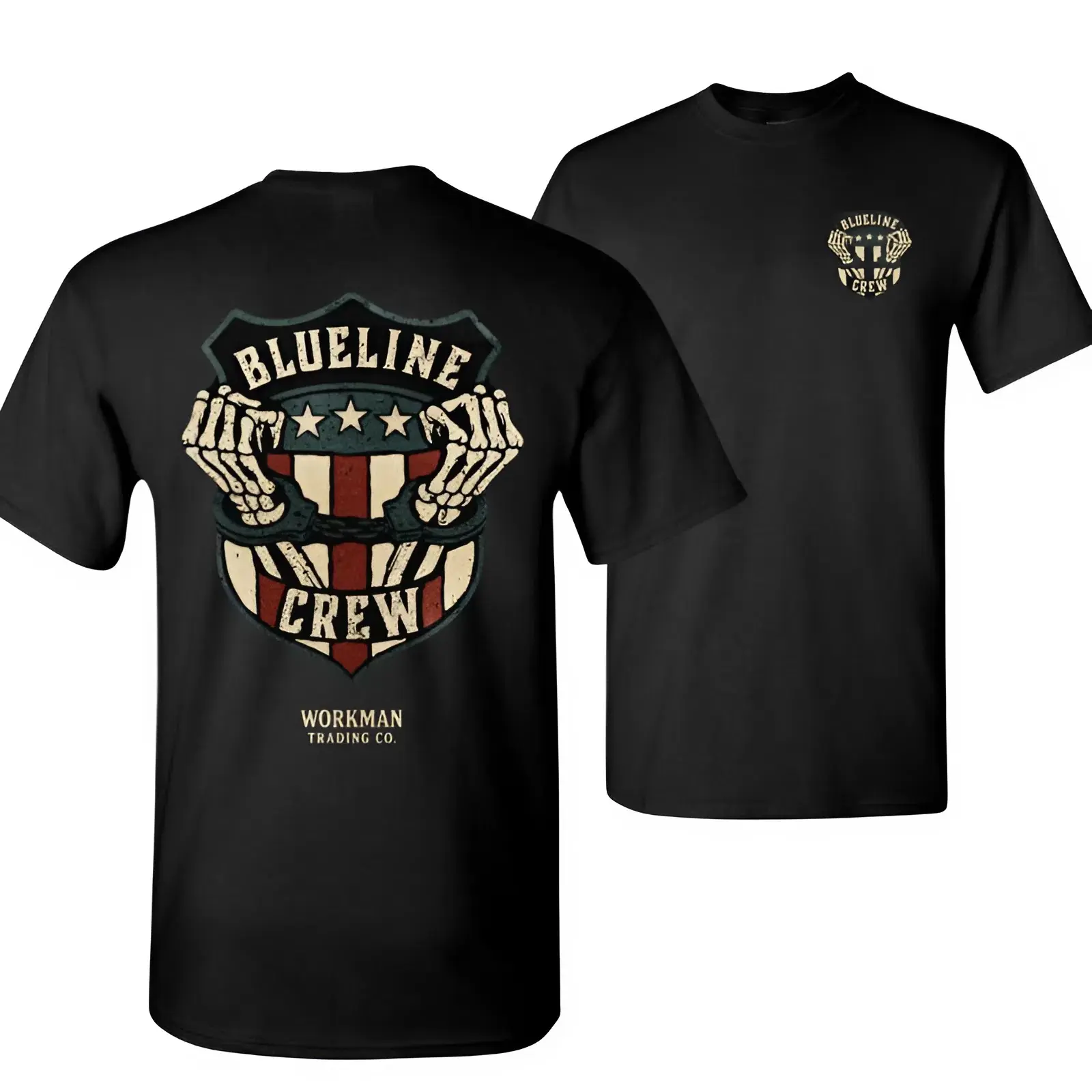 Blueline Crew Skeleton Graphic T-Shirt, Vintage American Flag Police Support Tee, Soft Cotton Blend Shirt, Patriotic Apparel for Law Enforcement Supporters, Ideal Gift for Police Officers & First Responders