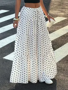 Women's Polka Dot Fitted Casual Vacation Dress, Streetwear, Millennial Fashion, Spring Summer, Bohemian Long Skirt, Bottoms