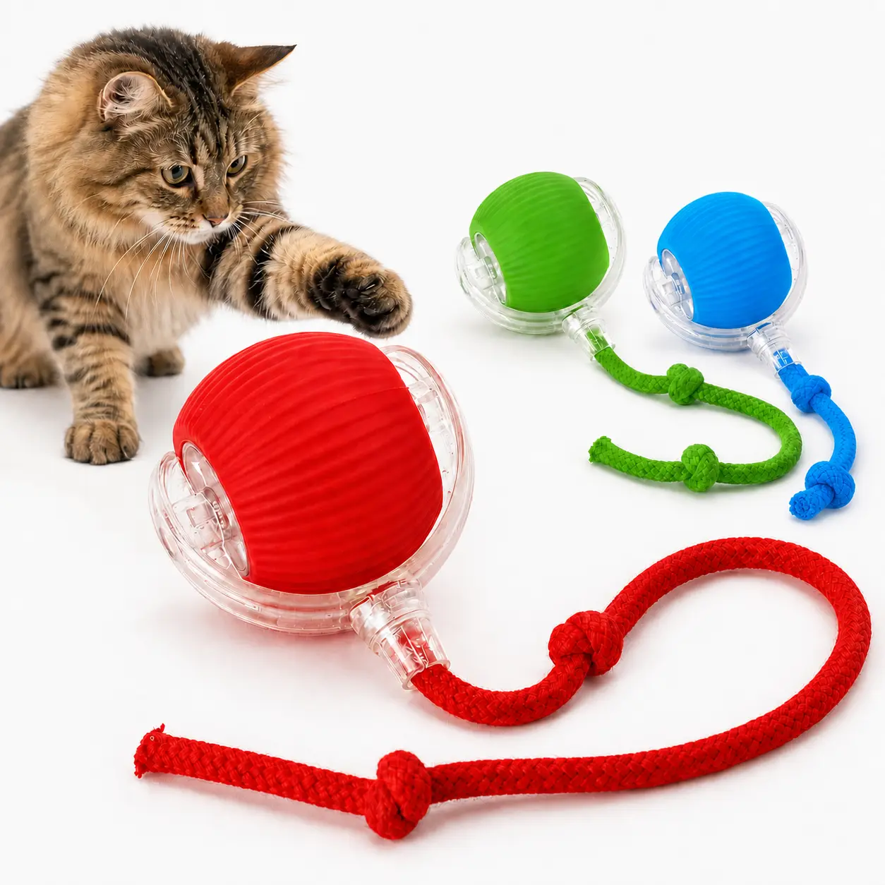 Motion-Activated Cat Toy Ball with Rope Tail, Automatic Electric Rolling Chase Toy for Indoor Cats and Kittens, Interactive Self-Moving Pet Exercise Toy for Small Dogs