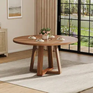 Round Dining Table for 4-6 People, 47" Modern Kitchen Dinner Table with Wooden Cross Pedestal Base for Living Room(Table Only)
