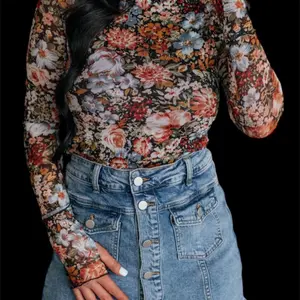Floral Mesh Blouse for Women - Long Sleeve Top - Shirts
