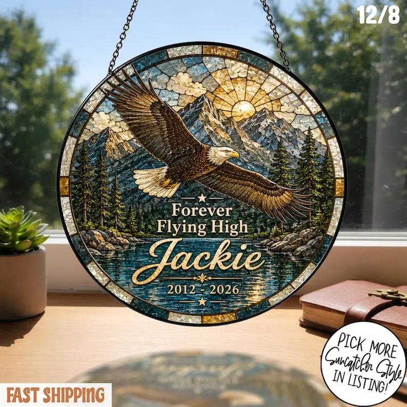 Forever Flying High Jackie Memorial Suncatcher, Bald Eagle Window Hanging, Mountain Lake Remembrance Ornament, Sympathy Memorial Gift