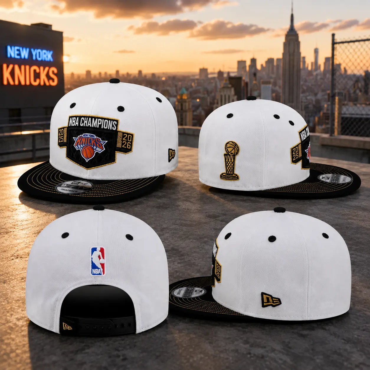 New York Knicks 2026 NBA Champions Snapback Hat – White Black New Era Style Adjustable Flat Brim Basketball Cap for Men & Women