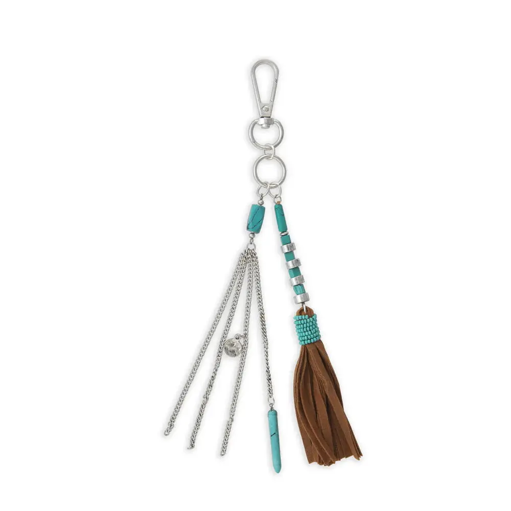Myra [Live] Toska Key Chain, Fashion Key Accessories, 6.5" Long Design with Beaded Detail, Blue Bead Accent, Tassel String, Keychain For Purse, String Of Tassles
