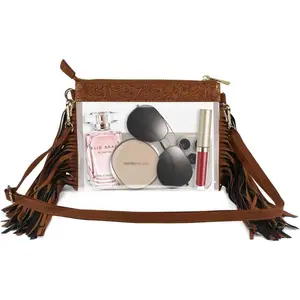 Women's Clear Stadium Approved Crossbody Bag, Western Transparent Purse with Brown Leather Fringe Tassel for Concerts & Sports Games No Sew Snap Button Kit Bible Verse Storage Jar Cards XXL Organizer Wheels Wooden Three-Tier Cologne