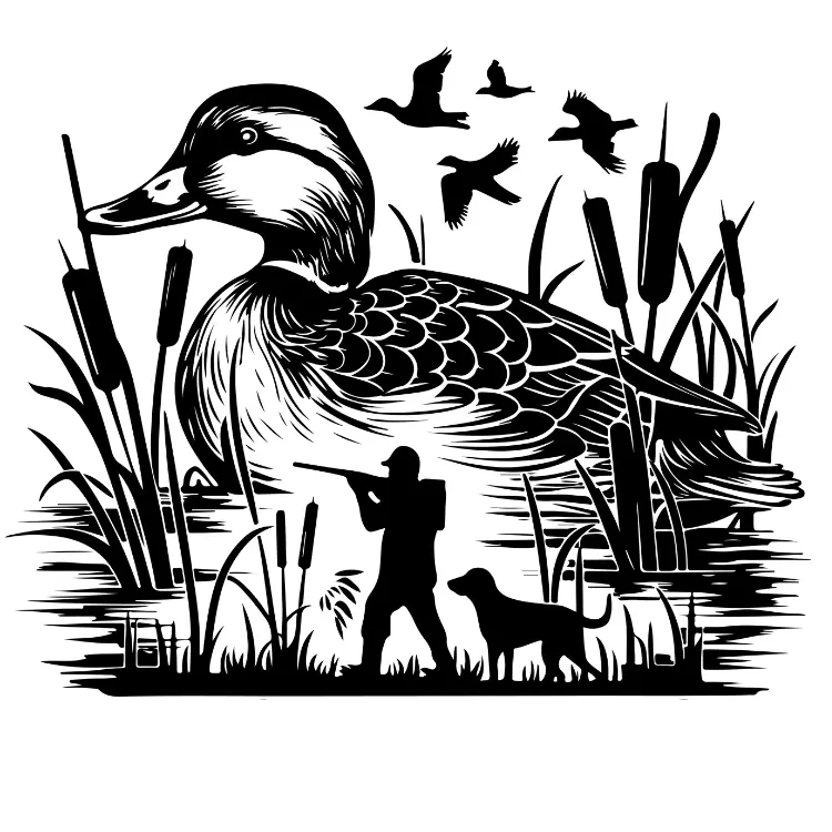 Hunting Theme DTF Print for Crafts - Duck in Pond with Hunter and Dog Silhouette, Direct-To-Film Ready-To-Press Transfer for T-Shirts