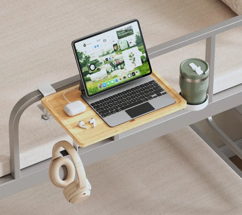 Wooden Bedside Shelf - Clip-On Foldable No-Drill Bed Side Tray with Cup Holder & Headphone Hooks for College Students Dorm Bunk Beds Home Space-Saving Storage Organizer (Dorm Essentials)