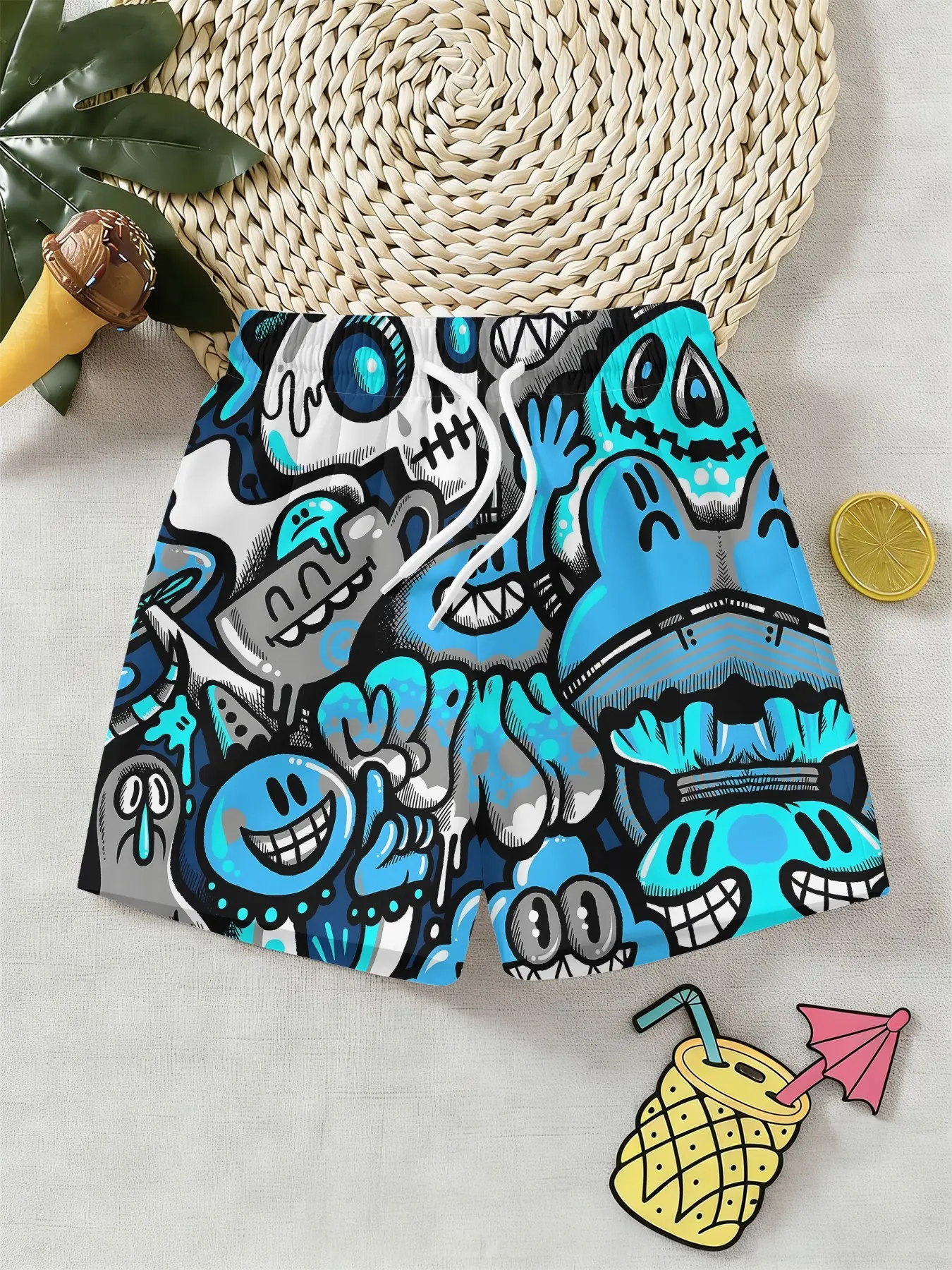 Trendy Boys' 3D Full-Print Graffiti Shorts, Knee Length, Elastic Waist, Blue & Colorblock Quick-Dry Fabric, Perfect Beach Vacation Holidays Gift, Birthday Present! Printed Trunks Youth Boys Swim Trunks Summer Swimwear