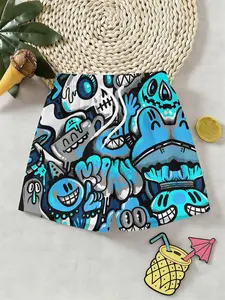 Boys Blue Graffiti Cartoon Full Print 3D Beach Pants, Outdoor Casual Fitted Style, Perfect Gift for Holidays and Birthdays