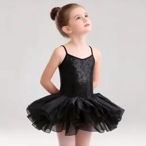 Girls’ ballet practice dress/dance outfit featuring straps, sequins, and double mesh layers; also available as a one-piece gymnastics performance costume.