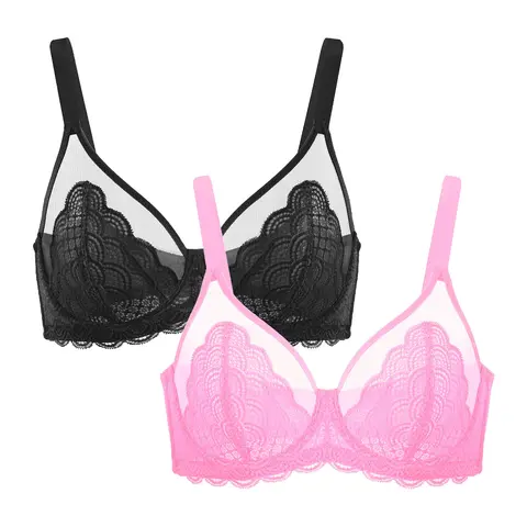 HSIA Mermaid Scales Lace Mesh Breathable Unlined Full Coverage Non-padded Plus Size Sexy Fashion Underwire Bra Set 2 Pack Womenswear Underwear